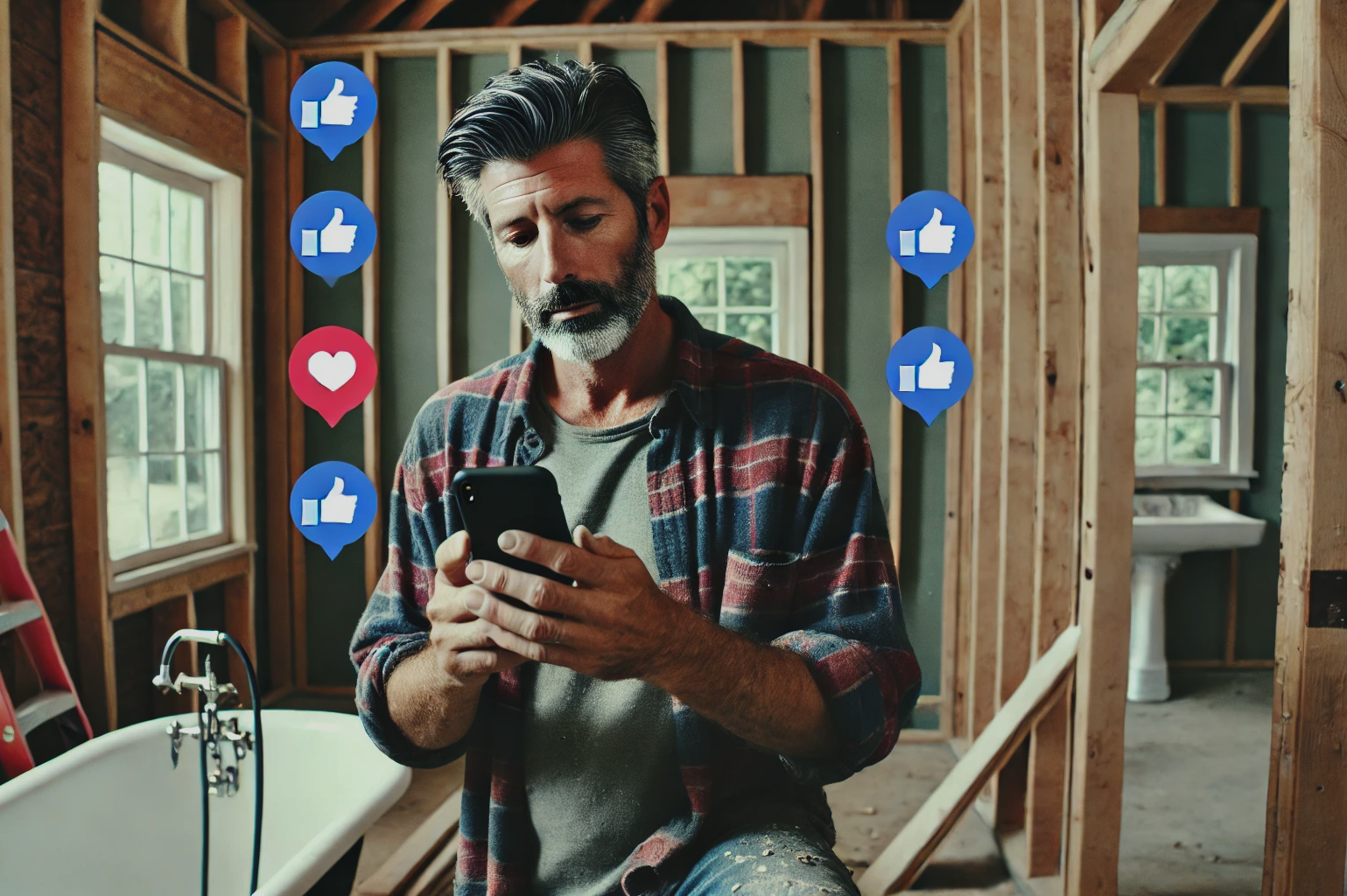 DALL·E 2024-08-16 11.58.40 - A middle-aged construction worker in his 40s, with a black but graying beard and shorter hair, is standing on a job site, looking at his phone. He is 2
